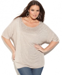 It's your time to shine with INC's short sleeve plus size top, showcasing a studded front.