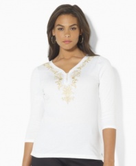 Rendered in a chic tunic length, this plus size Lauren by Ralph Lauren top is crafted from soft cotton and finished with delicate embroidery at the neckline.