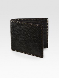 Pebbled leather design accented by intricate stitch detail for a modern finish.Two billfold compartmentsEight card slotsLeather5W x 4HMade in Italy