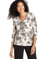 Karen Scott puts a refreshing floral print on this petite three-quarter-sleeve top. Pair with your favorite trousers for a versatile look.