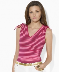 Ruched drawstring ties at the shoulders lend flirty appeal to this striped Lauren by Ralph Lauren petite top, rendered in breathable cotton jersey that's perfect for the season.