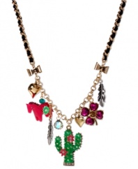 Sharp style, by Betsey Johnson. This frontal necklace highlights a green cactus pendant with crystal accents and pink flowers. Also includes a pink horse with green flower detail, fuchsia-colored crystal four-leaf clover, silver tone feathers, gold tone bubble hearts and black grosgrain ribbon. Crafted in antiqued gold tone mixed metal. Approximate length: 16 inches + 3-inch extender. Approximate drop: 1-3/4 inches.