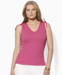 Ruched drawstring ties at the shoulders lend flirty appeal to this plus size striped Lauren by Ralph Lauren top, rendered in breathable cotton jersey that's perfect for the season. (Clearance)