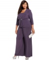 Alex Evenings' plus size ensemble is perfect for evening--draped details and a beaded, brooch-like closure dresses up the jacket and top while the wide-leg pant silhouette lends a sweeping, elegant finish.