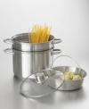 This 4-piece multi steamer/cooker set is one of the most versatile cookware pieces you can keep in your kitchen. Use it for stock, stews, pasta, steamed vegetables and more. Made of durable, attractive 18/10 brushed stainless steel with an encapsulated aluminum base for even heating and sure-grip round riveted stainless steel handles. Set includes 8-quart stock pot, pasta basket, steamer basket and tempered glass lid with steam vent. Dishwasher safe. One-year limited warranty.