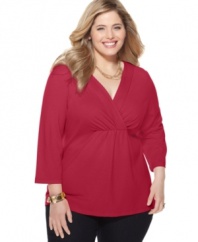 A surplice neckline and gathered front lend chic appeal to Charter Club's three-quarter sleeve plus size top-- snag all the colors at an Everyday Value price!