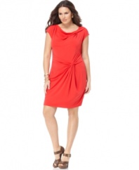 A draped neckline and twist accent lend elegant finishes to MICHAEL Michael Kors' short sleeve plus size dress-- wear it from desk to dinner!