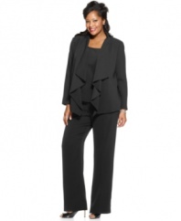 Kasper's plus size suit features all the pieces you need for a feminine ensemble: a jacket with a ruffled cascade collar and a sleek matching top and pants.