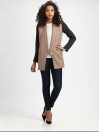 Zippered shawl collar, colorblocked sleeves and a unique back vent characterize this wool-rich jacket with a hint of cashmere. Zipper-detailed shawl collarLong sleevesFront flap pocketsBack ventFully linedAbout 31 from shoulder to hem75% wool/20% polyamide/5% cashmereDry cleanImported of Italian fabricModel shown is 5'9½ (176cm) wearing US size 2.