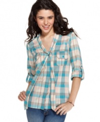 The trusty plaid button down gets bow blouse styling -- and results in a top that you can rely on! From American Rag.