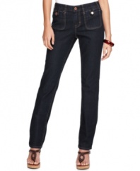 Style&co. gives these petite straight leg jeans an extra shot of personality with chic button-tab patch pockets and a flattering dark wash.