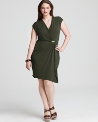 A soft, sophisticated MICHAEL Michael Kors faux-wrap dress has a chic crossover neckline that fastens with a signature golden clasp at the waist for flattering, feminine style.