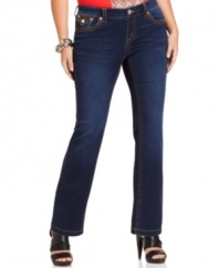 A sleek dark wash finishes Seven7 Jeans' bootcut plus size pair for a slimming look.
