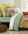 Inspired by the intricate, eye-catching artistry of Indian designs, the Jaipur comforter set renews your room with an exotic appeal. The face of the comforter and shams features a lavish design of yellow, spice and aqua tones, and reverse to an aqua diamond motif that coordinates with the matching bedskirt.