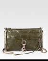 An easy shape in pebbled leather, featuring a removable chain and sleek, polished hardware.Detachable chain and leather shoulder strap, 22 dropTop zip closureOne outside zip pocket with flap and hook closureOne outside open pocketProtective metal feetOne inside zip pocketThree inside open pocketsCotton lining11W X 7½H X 2DImported