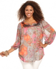 Be an image of bohemian-chic with Style&co.'s three-quarter sleeve plus size peasant top, featuring a sheer print.