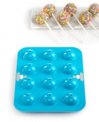 Popping up everywhere! Join in on the fun with this 2-piece baking pan-simply fill one side of the nonstick-coated aluminum pan with batter and as the cakes cook, they will rise to fill the other half of the pan for a dozen perfectly rounded, bite-sized treats. Including 24 cake pop sticks, this set makes it easy to prep, decorate and present this chic and unexpected party addition. 10-year warranty.