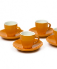 Sip in style. Fire glazed to a beautiful shine, these stoneware espresso cups and saucers are designed for the true coffee connoisseur. Includes an elegant chrome rack for serving and storing.