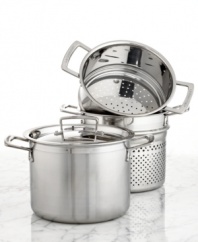 Prep your favorite pastas with this versatile set, which includes a covered multi-pot and steamer insert. The durable soup pot features a triple-layer design that sandwiches a pure aluminum core between two high-performance layers of stainless steel for quick, even heating. Lifetime warranty.