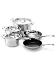 Everything you need to make any meal possible. This stainless steel cookware set from Le Creuset is fully stocked for culinary creativity, complete with an efficient tri-ply design and pure aluminum core that captures heat and distributes it evenly throughout. Lifetime warranty.