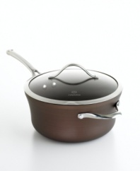 Just right. The perfect kitchen companion, this elegant bronze piece features multiple layers of nonstick technology, a hard-anodized construction and stay-cool handles for an unrivaled combination of professional performance and everyday ease. Your go-to for simmering sauces, heating soups and preparing truly delectable dishes. Lifetime warranty.