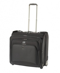 A lighter construction and fashion-forward design put you on the fast track to your destination with easy-glide removable wheels and a retractable handle that stops at different heights for travelers of all sizes and preferences. Built durable from ballistic nylon, this rolling garment bag with removable suiter features an attractive herringbone trim that sets the tone for the trip. Limited lifetime warranty.