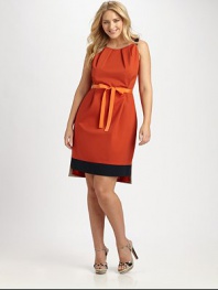 Get into one of the most important trends of the season: colorblocking. This bold dress offers an incredible, waist-flattering silhouette and intriguing hem.Gathered details at necklineSleevelessSubtle high-low hemExposed back zipperAbout 27 from natural waist63% cotton/34% polyester/3% elastaneDry cleanImported