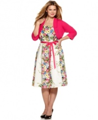 This sweet plus size dress by Jessica Howard features a belted A-line silhouette and fabulous floral print. The ensemble is completed with the matching three-quarter sleeve sweater.
