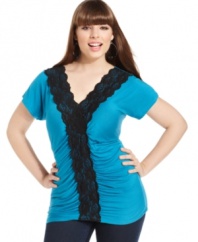 Lace lends a sassy look to ING's short sleeve plus size top, finished by a ruched front-- it's a must-have!