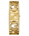 Go glam with this sparkling rhinestone-studded watch from Guess. A geometric look marks the goldtone bracelet of interlocking logo squares, enhanced with Swarovski crystals. Square goldtone dial with logo and goldtone stick indices. Quartz movement. 10-year limited warranty.