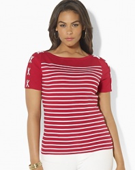 A timeless boatneck tee in lightweight, fine-ribbed cotton channels modern style with sleek stripes and chic lace-up detailing at the sleeves.