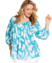 Revitalize your spring style with Charter Club's three-quarter sleeve plus size peasant top, blooming a floral print.