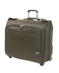 Your wardrobe gets wheel! Step out in style at every location your travels take you with the wrinkle-free delivery of this rolling garment bag. The perfect companion for business trips and everyday jaunts, the wheeled case is built from ultra-tough ballistic fabric for the utmost in design, quality and performance. Lifetime warranty.