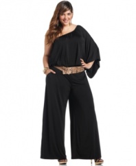 Have all eyes on you with Baby Phat's one-shoulder plus size jumpsuit, including a belted waist-- it's a must-have for your party wardrobe!