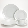 This basic white dinnerware, accented with a thick rim, is easy to mix with existing plates and serveware, or crisp and elegant on its own.