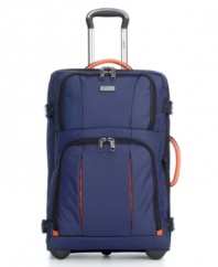 Get out of dodge for a day or extended break with this lightweight and easy-to-manage upright from Kenneth Cole. The streamlined design includes large, fully-lined exterior pockets that expand with a bright orange interior. Zippered lids expand for additional storage space, and ergonomic and comfortable soft grip handles make every trip more comfortable. Limited lifetime warranty.