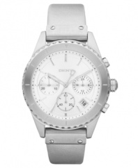 Sleek, monochromatic grays get a boost from cooling whites on this chronograph watch by DKNY.