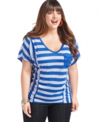 Look on-trend from every angle with Eyeshadow's short sleeve plus size top, spotlighting stripes and lace detail!