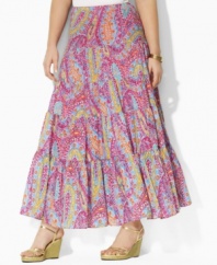 Intricate paisley rendered on soft woven cotton exudes rich femininity in a flowing, tiered maxi skirt silhouette, from Lauren by Ralph Lauren.