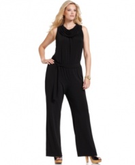 Celebrate the 70's with MICHAEL Michael Kors' sleeveless plus size jumpsuit, finished by a cowl-neck and belted waist.