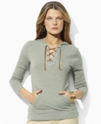 Imbued with rustic romance, the long-sleeved petite hoodie is crafted from lightweight slub cotton jersey with faux-suede laces at the placket for an effortlessly chic look, from Lauren by Ralph Lauren.