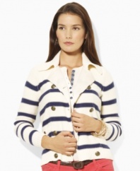 Crafted in soft combed cotton, this petite Lauren by Ralph Lauren cardigan is rendered in a chic double-breasted silhouette with anchor-embossed buttons for a nautical element.
