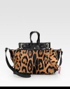 A slouchy shape in super-chic leopard-printed pony hair, finished with rich calfskin leather accents and side gussets. Double leather top handles, 2½ dropLeather shoulder strap, 18 dropMagnetic snap closureOne inside zip pocketOne inside open pocketCotton lining7¾W X 7¼H X 4DImported