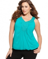 A beaded neckline lends a chic finish to Alfani's sleeveless plus size top, punctuated by a bubble hem.