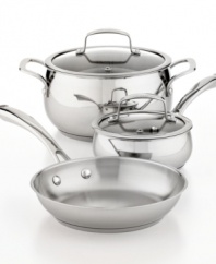 Prep quick, dish it out & clean up easily with this stainless steel dishwasher-safe kitchen collection. With aluminum encapsulated impact-bonded bases, this chef's choice heats up fast & evenly and each bell-shaped vessel enhances moisture circulation for tender, flavor-rich results. Limited lifetime warranty.