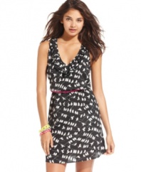 Go adorable in this day dress from Fire that boasts a ruffled neckline and totally fun print!