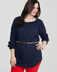 A chic rope belt creates a sumptuously feminine silhouette on this MICHAEL Michael Kors top, for a rich, nautical take on the classic peasant silhouette.