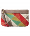 Pretty in patchwork. Get an instant style upgrade with this boho wristlet from Fossil. Geometric shapes and vibrant colors bring this easy-going wristlet to a whole new level of cool.