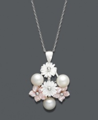 Beautiful blooms will provide a touch of spring year round. This pretty pendant features pink and white cultured freshwater mother of pearl (10-12 mm) and cultured freshwater pearls (7-1/2-8 mm) in a bouquet arrangement. Chain and setting crafted in sterling silver. Approximate length: 18 inches. Approximate drop: 1-1/4 inches.