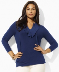 A cascade of ruffles exudes feminine style in Lauren by Ralph Lauren's plus size three-quarter sleeve top, fashioned from sleek jersey. (Clearance)
